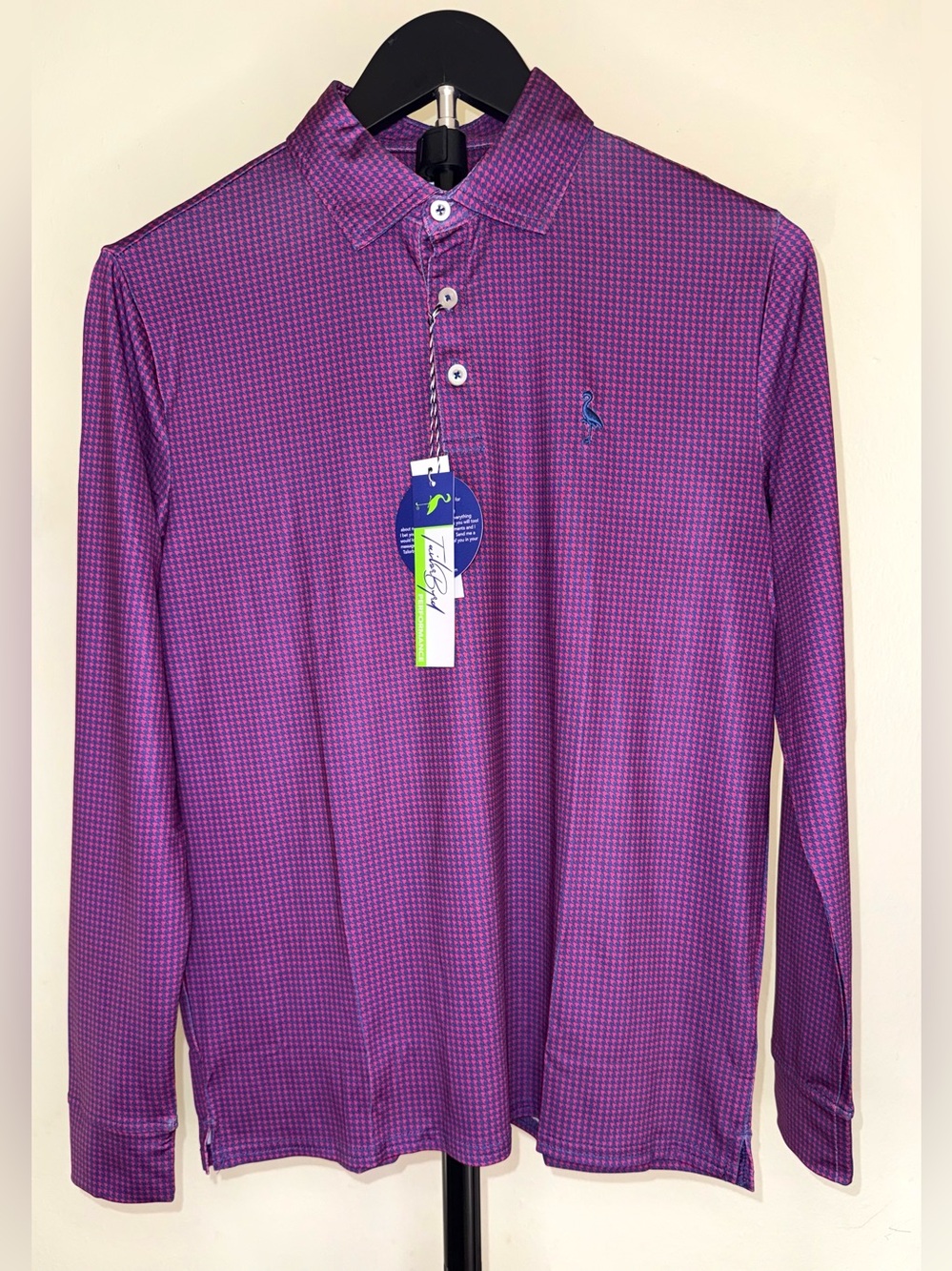 Tailorbyrd purple mini houndstooth long-sleeve performance polo, size 14/16, NWT